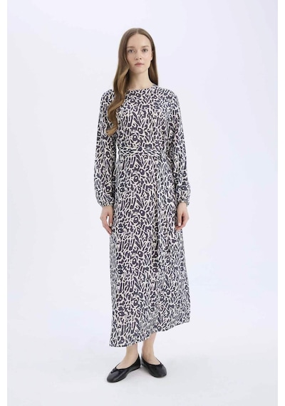 DeFacto Regular Fit Bisiklet Yaka Desenli Kuşaklı Uzun Kollu Maxi Elbise D9835AX25SMNV241 DeFacto Regular Fit Bisiklet Yaka Desenli Kuşaklı Uzun Kollu Maxi Elbise D9835AX25SMNV241