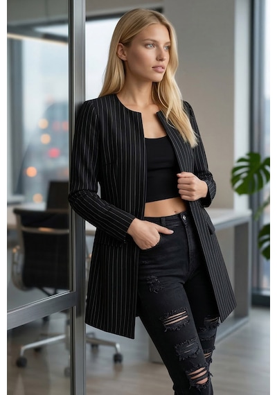 Armonika Kadın Siyah Beli Dikişli Uzun Ceket Arm-26k001091