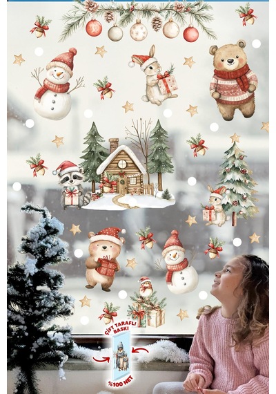 Çift Taraflı Baskılı Yılbaşı Evi Ve Sevimli Hayvanlar Yeni Yıl Çocuk Bebek Odası Sticker Seti, Çift Yönlü Yılbaşı Dijital Baskı