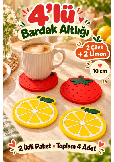 4'lü Çilek Limon Desenli Bardak Altlığı Seti 10 Cm Kahve Fincan Altlığı Renkli Sofra Sunum Aksesuarı Çok Renkli