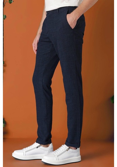 Efor Comfort Fit Beli Lastikli Pötikareli Casual Lacivert Pantolon P 1149 Lacivert