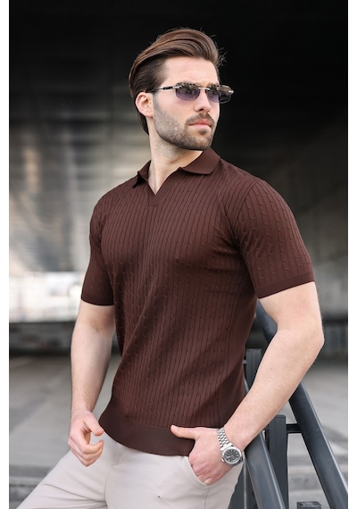 Madmext Kahverengi Slim Fit Polo Yaka Triko Erkek Tişört E7472 Kahverengi
