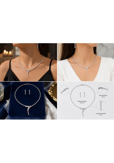 Luna Zarafet Kadın Taşlı Abiye Kolye Küpe Seti Gümüş Renk Y Model Işıltılı Takı Seti Renkli