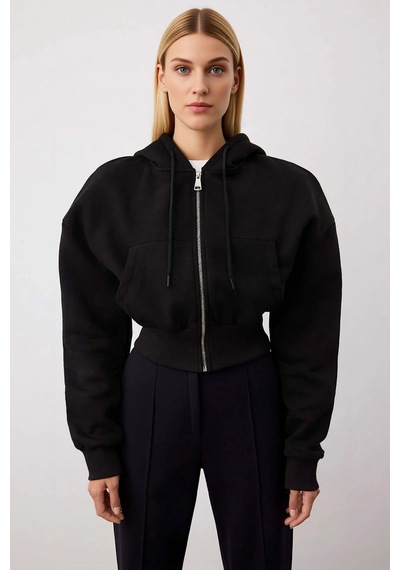 Benerly Kadın Kapüşonlu Düşük Kol Fermuarlı Örme Sweatshirt Fonksiyonel D siyah