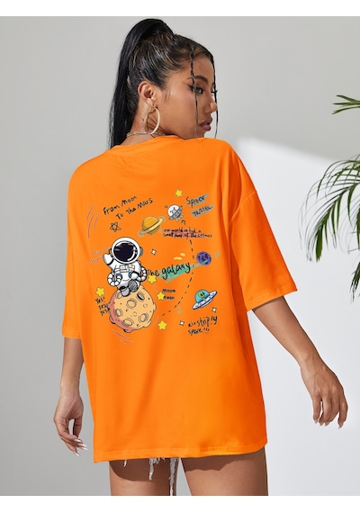 Unisex Galaksi Tasarım Basklı Tshirt Turuncu