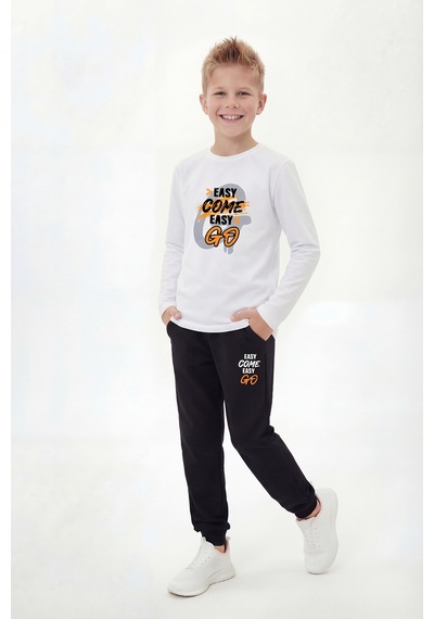 Panios Kids Yuvarlak Yaka Sweatshirt Paça Lastikli Eşofman Alt Baskılı Uzun Kollu Erkek Çocuk Alt Üst Takım Beyaz