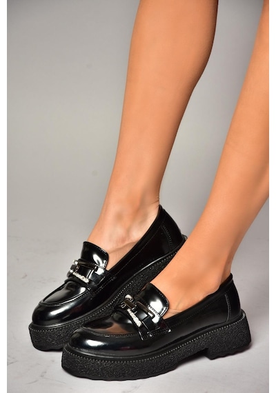 Fox Shoes T996198408 Siyah Rugan Kalın Tabanlı Makosen Kadın Ayakkabı Siyah-rugan Siyah