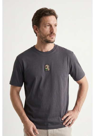 Elemge %100 Pamuk Compact Penye Süprem Kapipara Nakışlı Trend Fit Erkek Tok Kumaş T-shirt Rahat Kesim Antrasit
