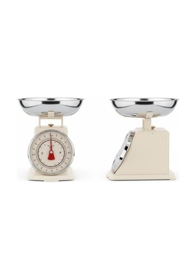 Tasarım Analog Mutfak Terazisi - 2 Kg Kapasiteli Mekanik Gıda Tartısı - Çıkarılabilir Gümüş Kaseli Ve İbreli Vintage Mutfak Tartısı Açık Bej