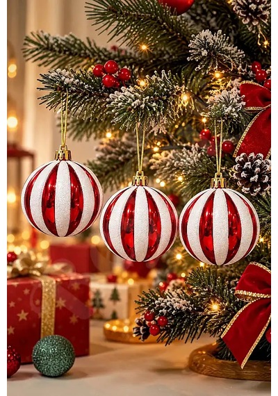Yılbaşı Ağacı Süsü Kırmızı Beyaz Çizgili Cici Top 8 Cm 3 Lü Set Diğer