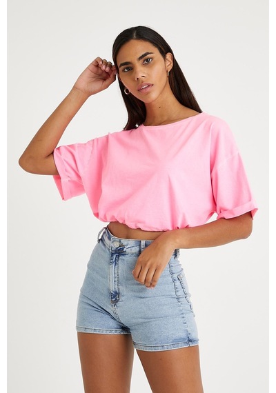 Kadın Neon Yağ Yıkamalı T-shirt Pembe Yeşil