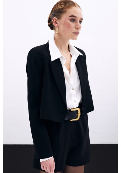 Sateen Kısa Krep Ceket - Siyah