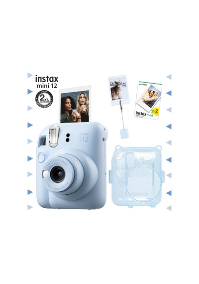 Fujifilm Instax Mini 12 Fotoğraf Makinesi + 20'li Film + Kıskaçlı Resim Standı + Simli Pleksi Kılıf Seti Mavi