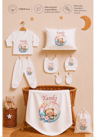 Pia Baby Kız Bebek Hastane Seti 8 Parça %100 Pamuk İsimli Zıbın Battaniye Yastık Kılıfı Ve Kese Seti 1110zybk0x Krem