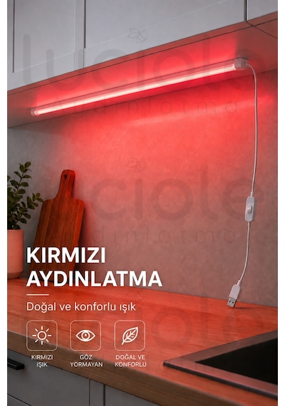Kırmızı Usb Led Bar 100 Cm Yapışkanlı Anahtarlı Dolap Tezgah Raf Dekoratif Aydınlatma