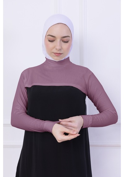 Loggia Balıkçı Yaka Boyunluklu Kolluk Gül Kurusu Pembe - Likralı Dik Yakalı Kadın Body Tesettür Crop Bolero Gül Kurusu