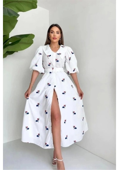 Defymoda Kırmızı Yakası Çiçek Motifli Kemerli Elbise Kırmızı