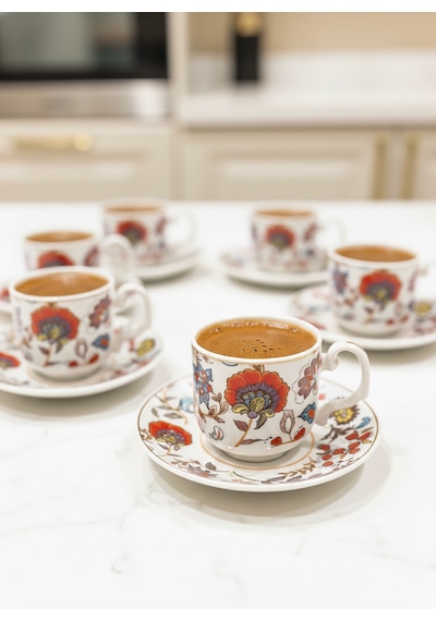 Kapris 6 Kişilik 12 Parça Kahve Fincan Takımı Yx-241106 Beyaz - Kırmızı