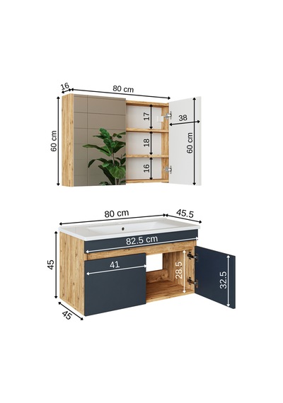 Roomart Lavabolu Atlantik - Antrasit Mat Mdf 85 Cm Banyo Dolabı Atlantik Çam - Antrasit