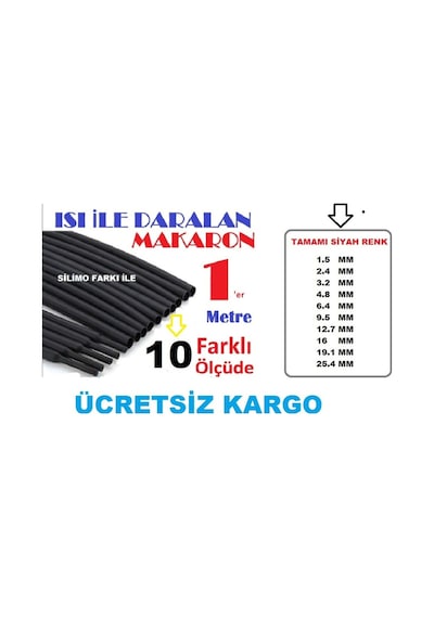 Isıyla Daralan Makaron Kablo Seti (10 Çeşit 1 Er Metre Siyah )