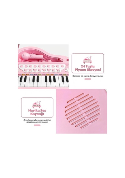 Pembe Mikrofonlu 24 Tuşlu Çocuk Piyanosu - Telefon Bağlantılı Eğitici Işıklı Org Müzik Seti