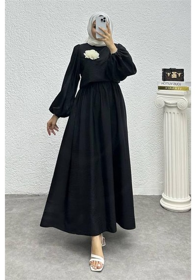 Dip Moda Kadın Çiçek Detaylı Etekli Tesettür Takım Dpnms004 Siyah
