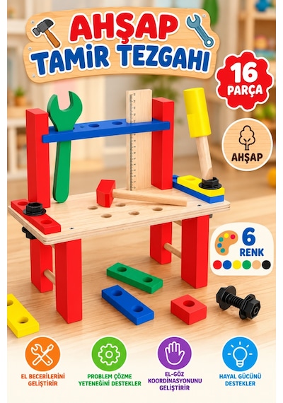 Ahşap Tamir Tezgahı 16 Parça 30 Cm Gerçekçi Oyun Deneyimli Hayal Gücünü Destekleyen Oyuncak Set