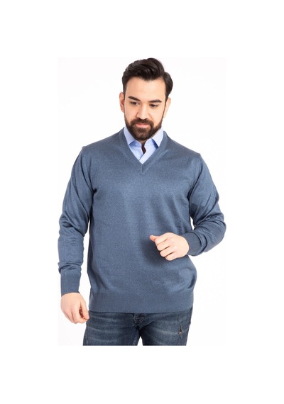 Nacar Store Erkek İndigo V Yaka Triko Kazak Indigo