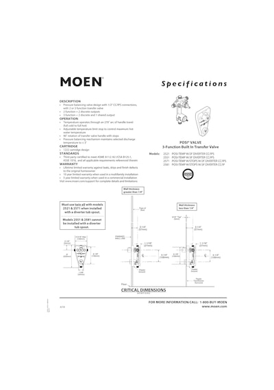 Moen 2521 Posi-sıcaklık Basınç Dengeleme Vanası, Dahili 2 Fonksiy Çok Renkli