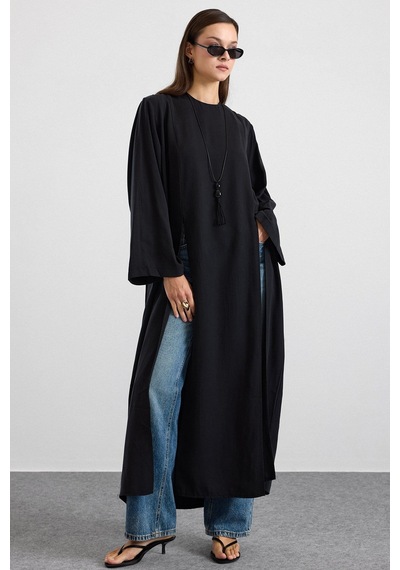 Olcay Derin Yırtmaçlı Oversize Uzun Tunik Siyah 9838