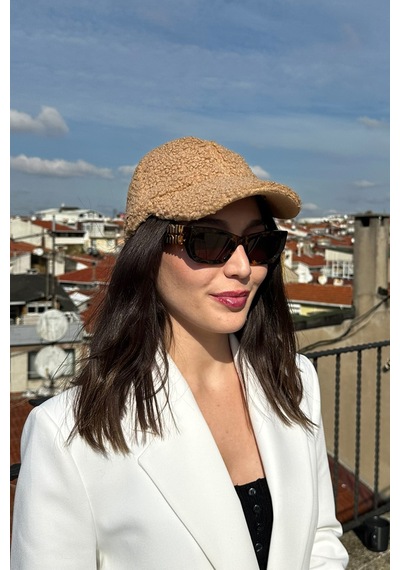 Mollycrush Kadın Teddy Dokulu Kışlık Kadın Vizör Şapka Yumuşak Kuzu Kürk Görünümlü Model Turuncu