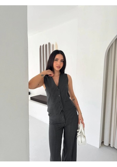 Moda Kadın Çizgili Tansel Kumaş Yelek Pantolon İkili Takım Ofis Şık Modern - Füme Çok Renkli