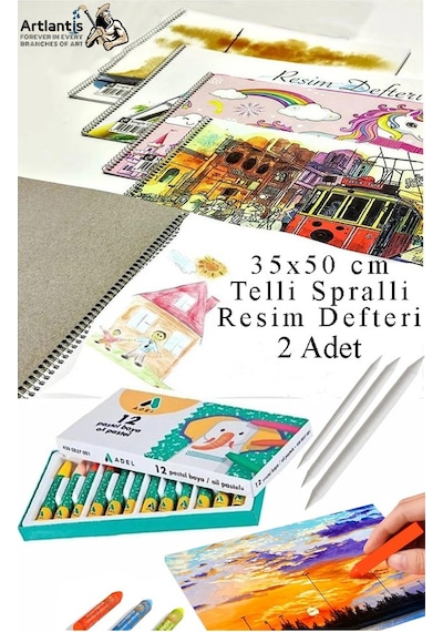 12 Renk Adel Pastel Boya 35x50 Cm Telli Spralli Resim Defteri Pastel Dağıtma Kalemi 15 Yaprak Resim Defteri Yağlı Pastel Çok Renkli