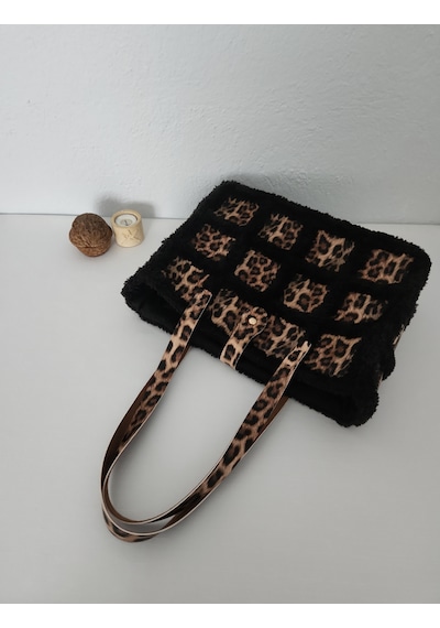 Fikriharika Design Leopar Desenli, Kürk İp, Büyük Boy, Kadın Omuz Çantası Siyah - Leopar