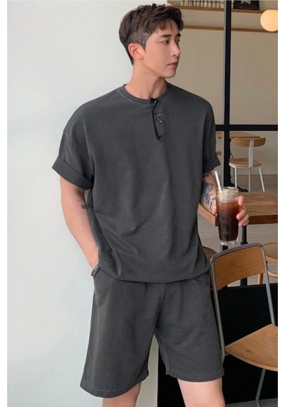 Tarz Cool Erkek Oversize T-shirt Şort Takım Rahat Yazlık Kombin Gri