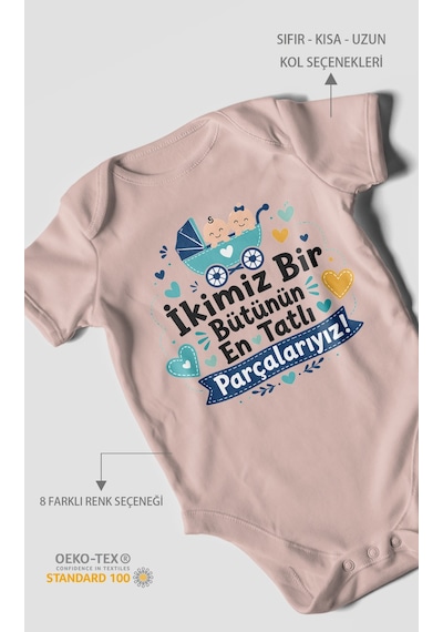 Morivokids İkimiz Bir Bütünün Yazılı Kısa Kollu Bebek Body %100 Pamuk Pastel Pembe