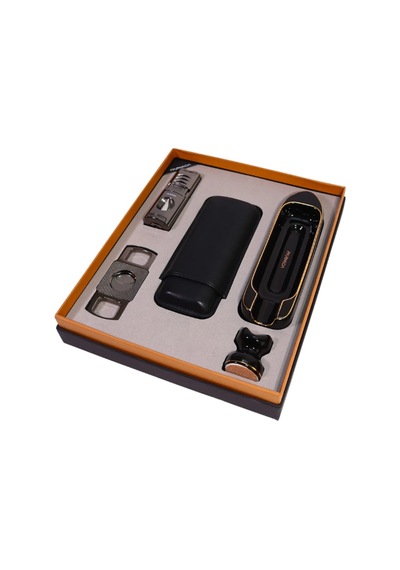 Parmida 3 Torch Pürmüz Çakmak Kılıf Küllük Kesici Sehpa Gunmetal Siyah Beşli Puro Seti Tr10027