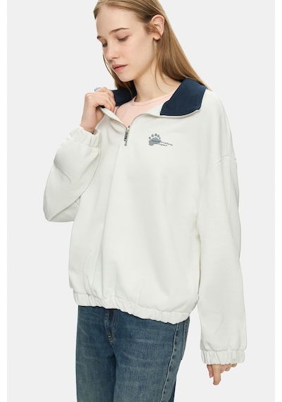 Ucla Yoko Kemik Rengi Fermuarlı Baskılı Oversize Fit Kadın Sweatshirt Kemik Rengi