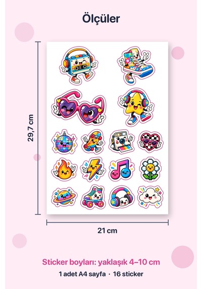 Cool Mod 16 Adet Retro Pop Sticker Çıkartma A4 Ajanda Etiketi Çok Renkli