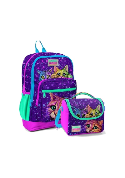 Coral High Mor Kedi Okul Sırt Ve Beslenme Çantası Seti - Kız Çocuk - Dört Bölmeli