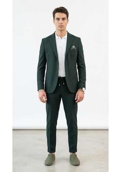 Pike Kumaş Jogger Pantolonlu Erkek Takım Elbise Torba Cepli Tek Düğme Slim Fit Kombin Yeşil Pike Kumaş Jogger Pantolonlu Erkek Takım Elbise Torba Cepli Tek Düğme Slim Fit Kombin Yeşil