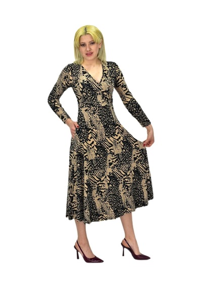 Kadın Viskon Leopar Desenli V Yaka Elbise Bgl-st03536 001