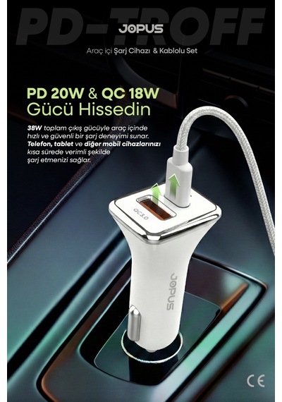 Jopus İphone Araç Şarj Aleti Çakmaklık Seti - Lightning + USB Girişli 38W JO-A7