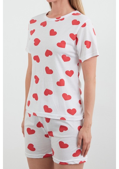 Fullamoda Kalp Baskılı Bisiklet Yaka Şortlu Pijama Takımı Beyaz