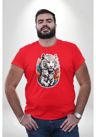 Angemiel Beyaz Kaplan Ailesi Renkli Tüyler Kırmızı Büyük Beden Erkek Kadın Unisex Basic Ön Baskılı Tişört Kırmızı