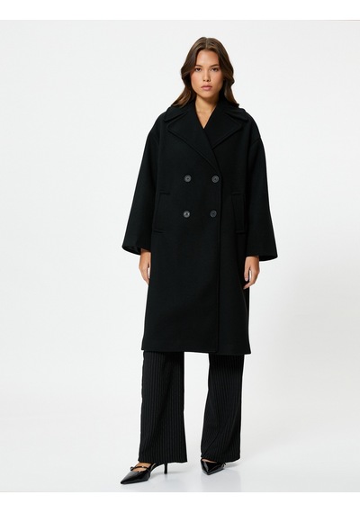 Koton Kaşe Oversize Kaban Kruvaze Düğmeli Uzun Boy Siyah 4wak00036ew 4WAK00036EW999 Siyah
