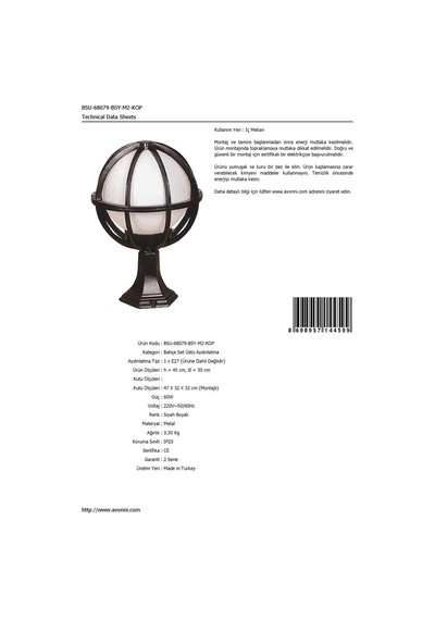 Avonnı Bsu-68079-bsy-m2-kop Siyah Elektrostatik Toz Boyalı Dış Mekan Aydınlatma, E27, Aluminyum, Polietilen Cam, 30cm Sku: Smgstk89901fa098