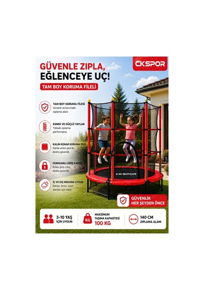 CKSpor 140 Cm 55 İnç Tam Boy Koruma Fileli Çocuk Trambolini Güvenlik Fileli Trambolin 140 x 160 CM