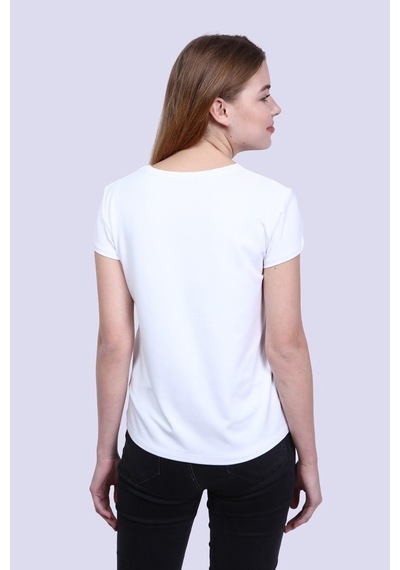 Newdesigner Kadın Beyaz Ön Araba Baskılı V Yaka Tshirt Beyaz