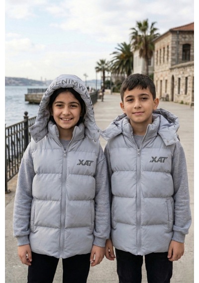 Pina Kids Unisex Çıtçıt Kapüşonlu Baskılı Şişme Yelek Gri